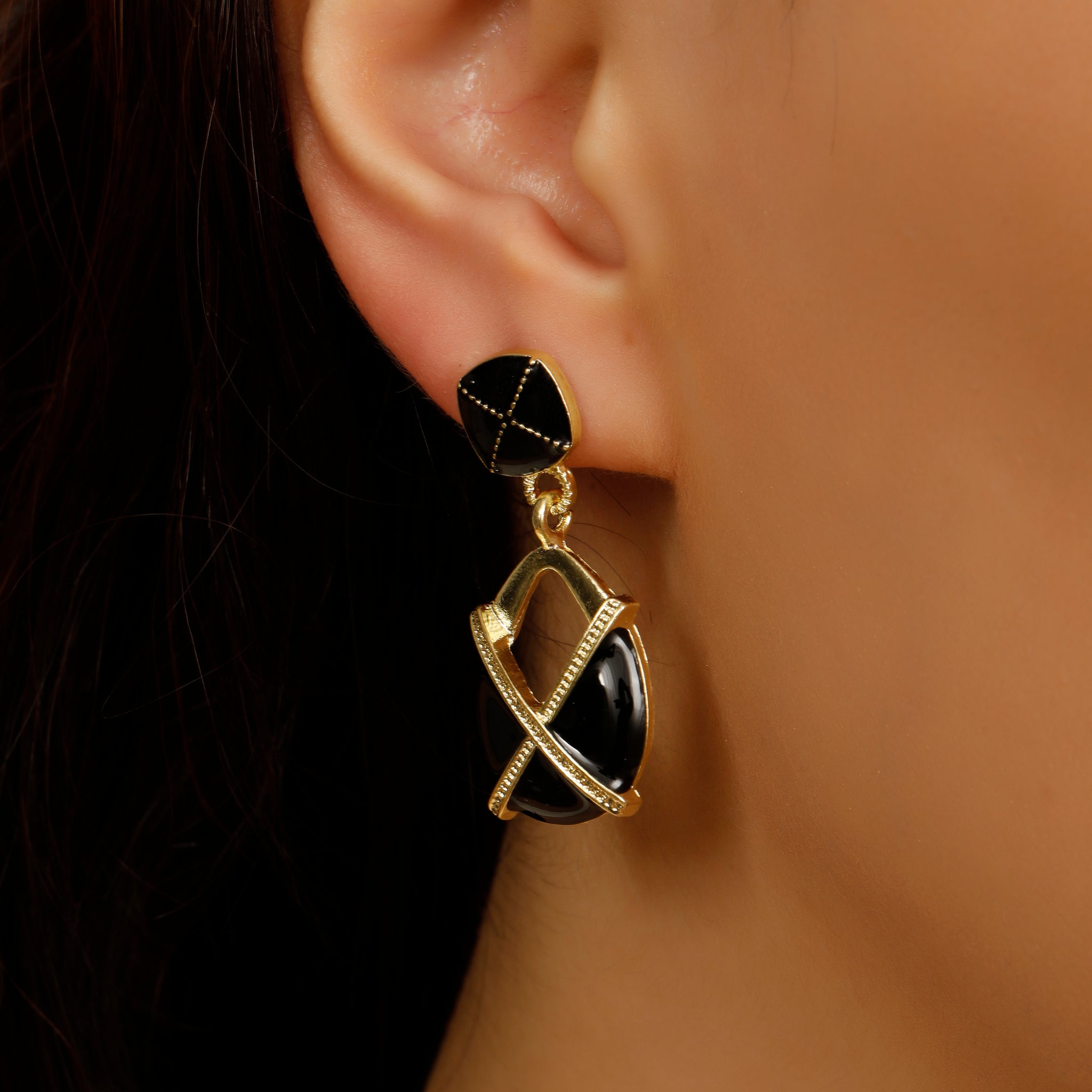 Claudia Black Enamel Gold Earrings